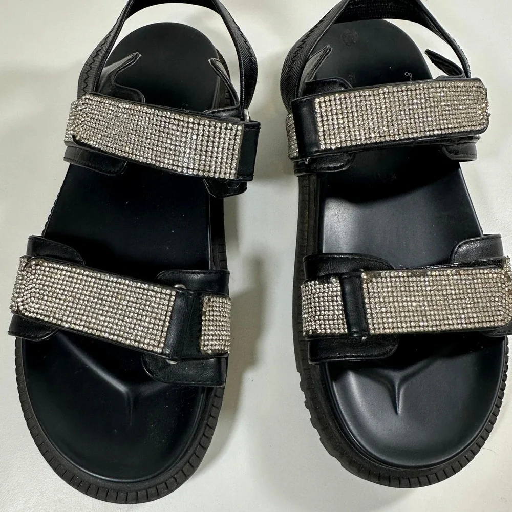 Madden NYC Women Black Rhinestone Chunky Platform Sandals Size 6 Hook Loop Strap